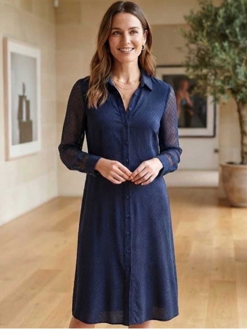 Adria Moss Navy Blue Swiss Dot Chiffon Long Sleeve Button Front Shirt Dress 0272